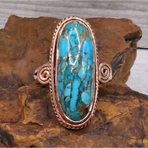 Southwestern Blue Copper Turquoise Ring Size 7 Elongated Oval Solid Copper